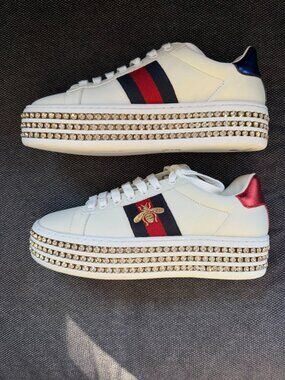 Gucci Ace Platform Sneaker Shoes with Crystals / Rhinestones